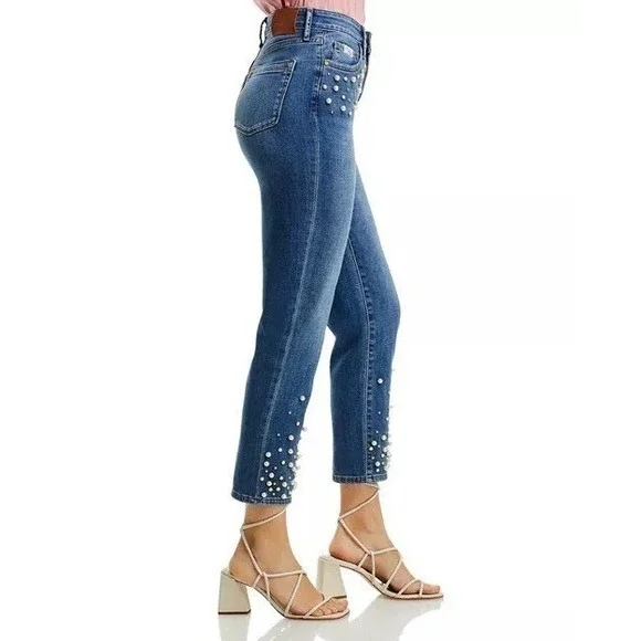 KARL LAGERFELD PARIS High Rise Embellished Skinny Jeans Coastal Blue Wash 16 New